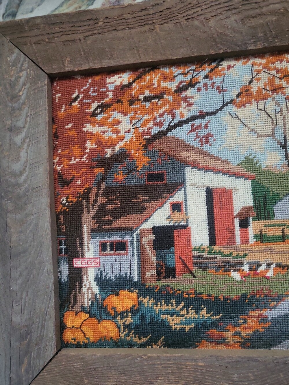 Vintage "The Roads Home" Needlepoint Barnwood Framed Wall Art ~ Farmhouse - Picture 9 of 9